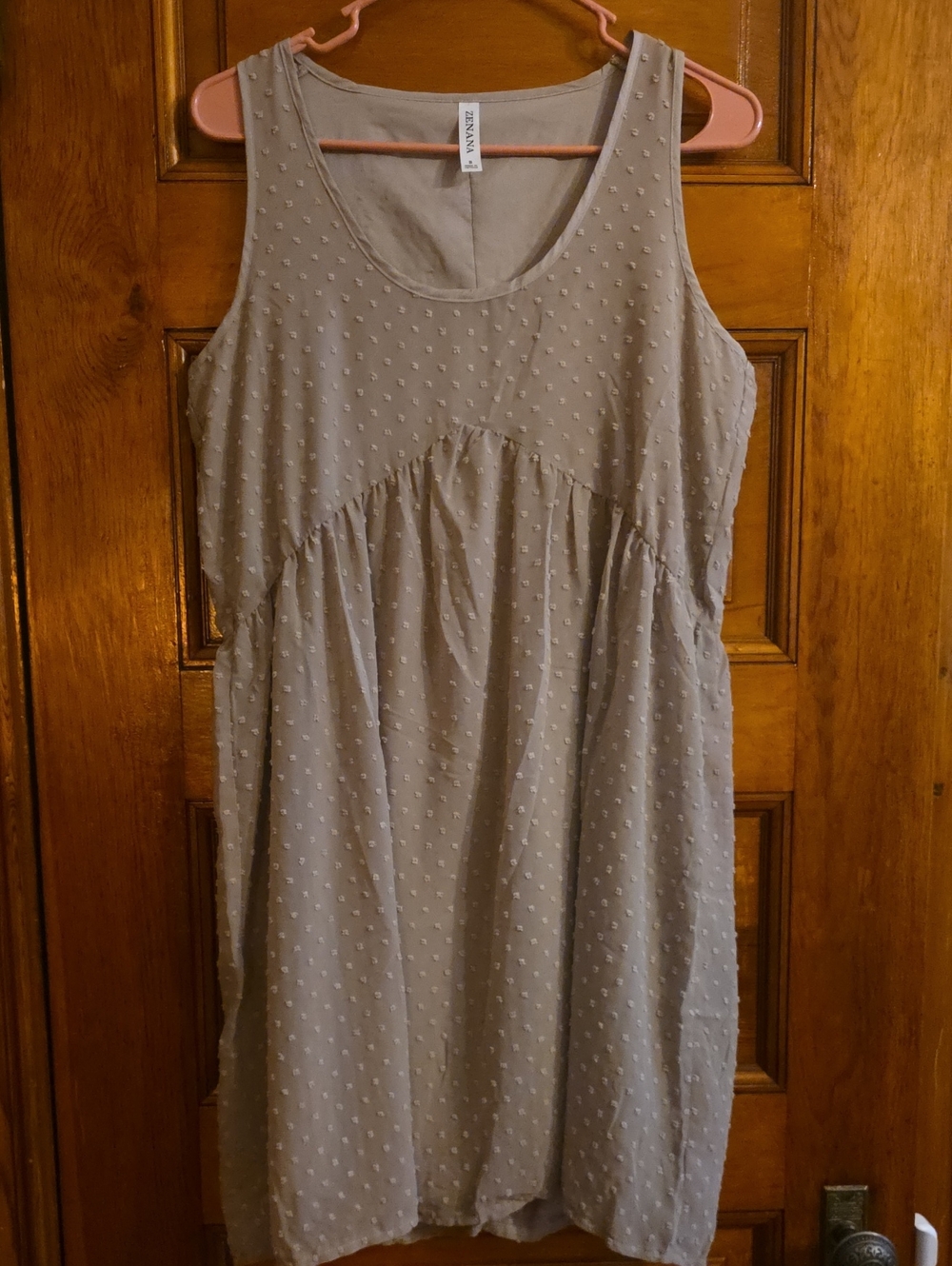 Zenana Outfitters Taupe Swiss Dot Sleeveless Dress